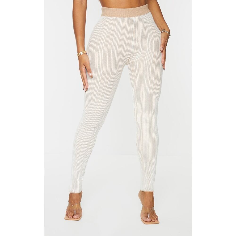 Prettylittlething Leggings 4 Tan White Shape Stone Contrast Knit